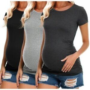Short Sleeve Maternity Shirt Side (M) 3 - Grey, Dark Green, Grey & white stripes